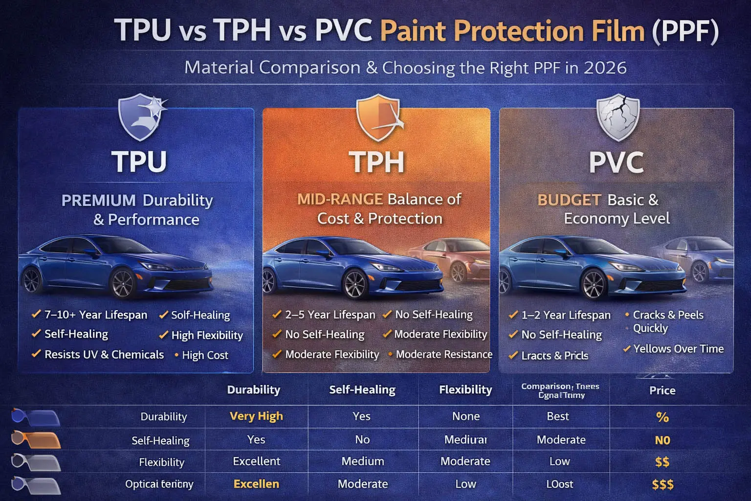 TPU vs TPH بەرامبەر فیلمی پاراستنی بۆیەی PVC (PPF): بەراوردکردنی ماددەکان و چۆنیەتی هەڵبژاردن لە 2026